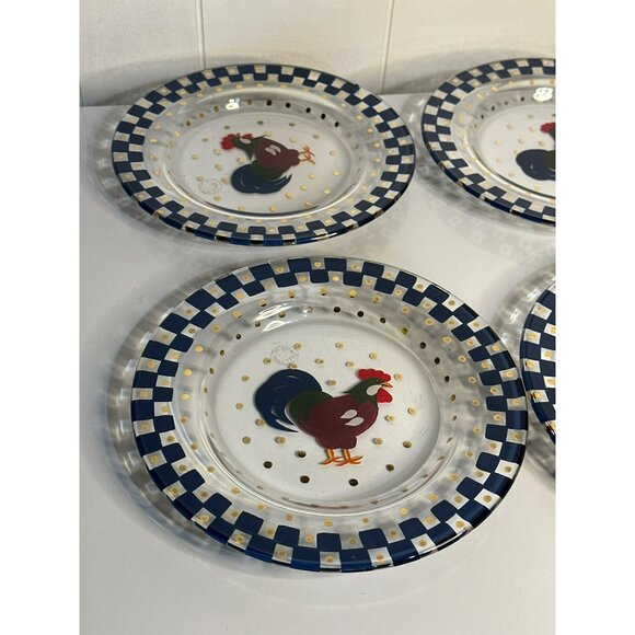 VTG 80s Lenox Handpainted Rooster Glass Plates Set of 4 Farmhouse Checkered Rim - Picture 3 of 4